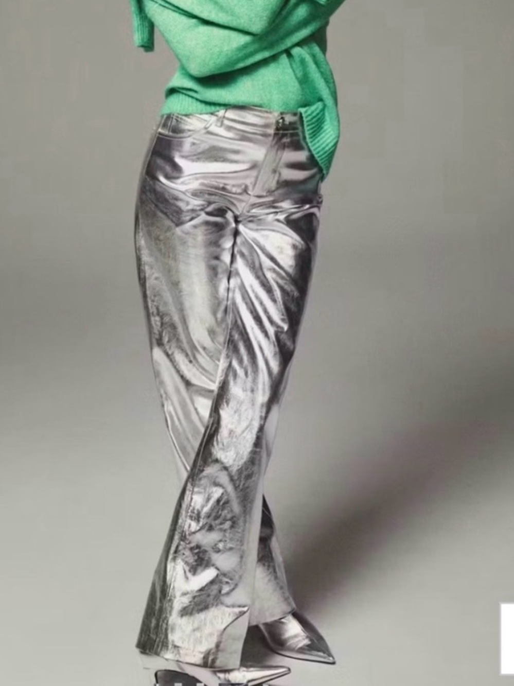 Mango Metallic Silver Wide-Leg Pants